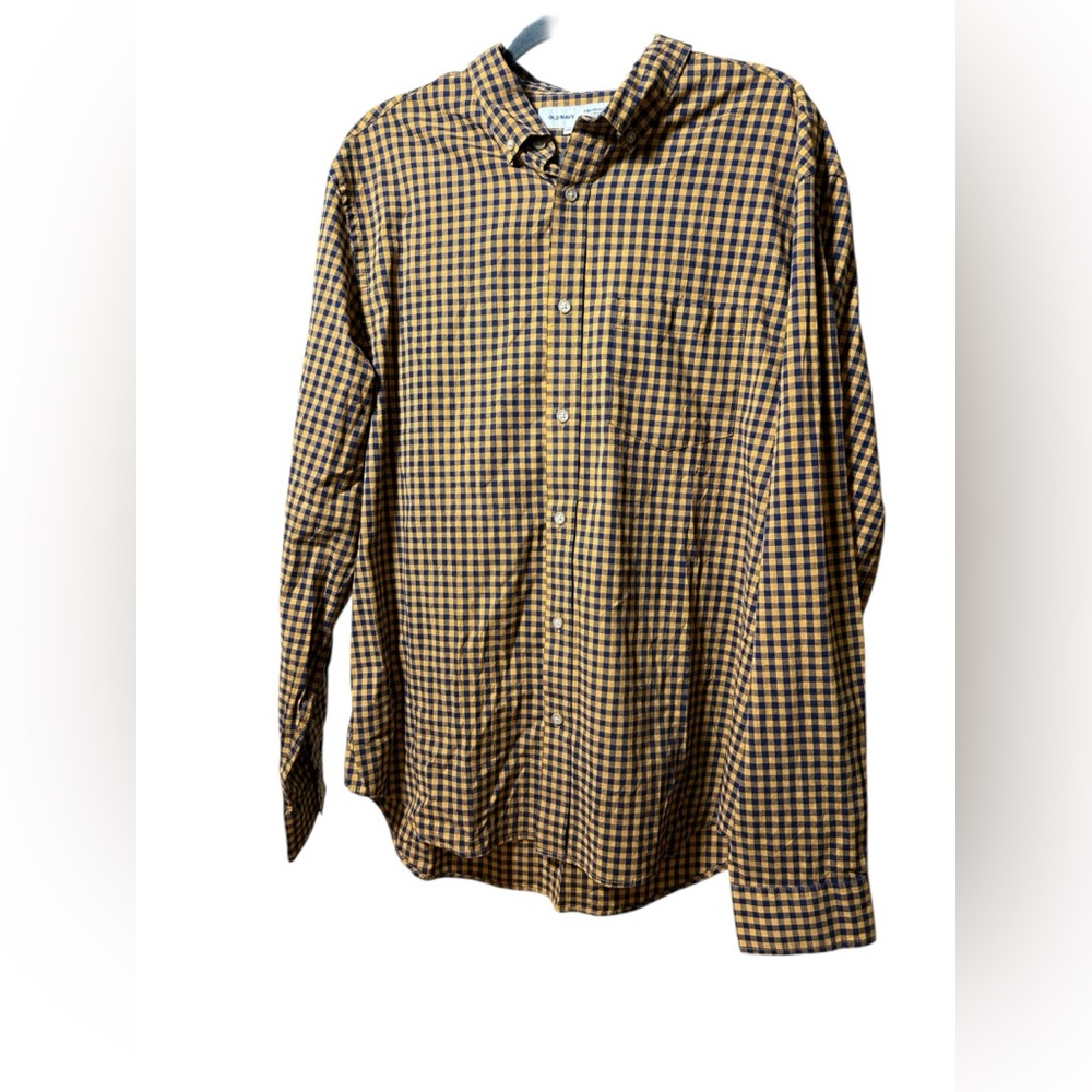 Old Navy Everyday Slim Fit Built-In Flex Plaid Shirt in Navy & Yellow Size XL